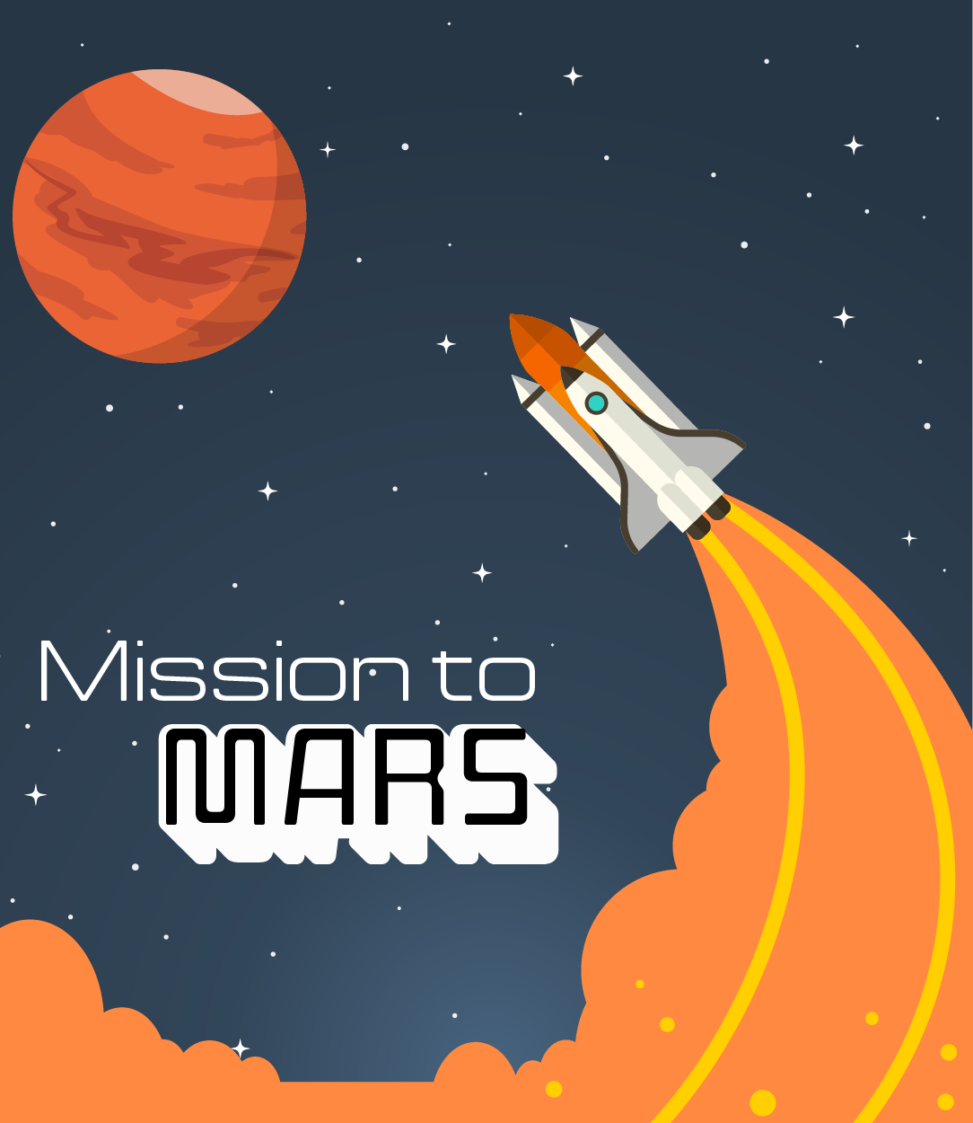 Mission to Mars flyer with rocket ship launching to Mars planet