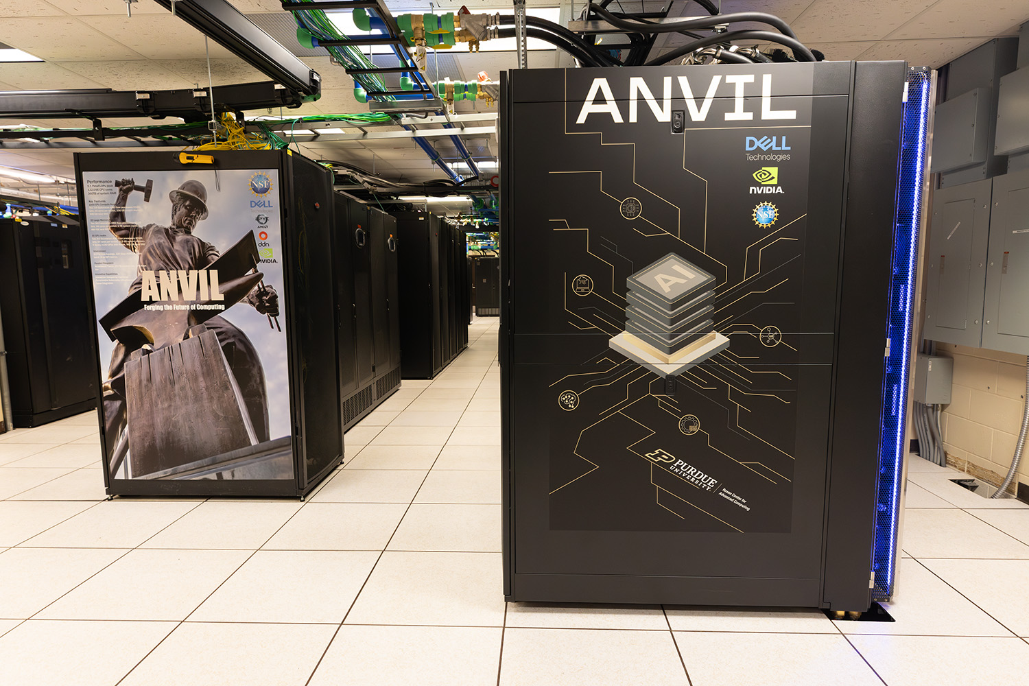 Image of the Anvil supercomputer inside Purdue's Data Center, including the Anvil AI partition