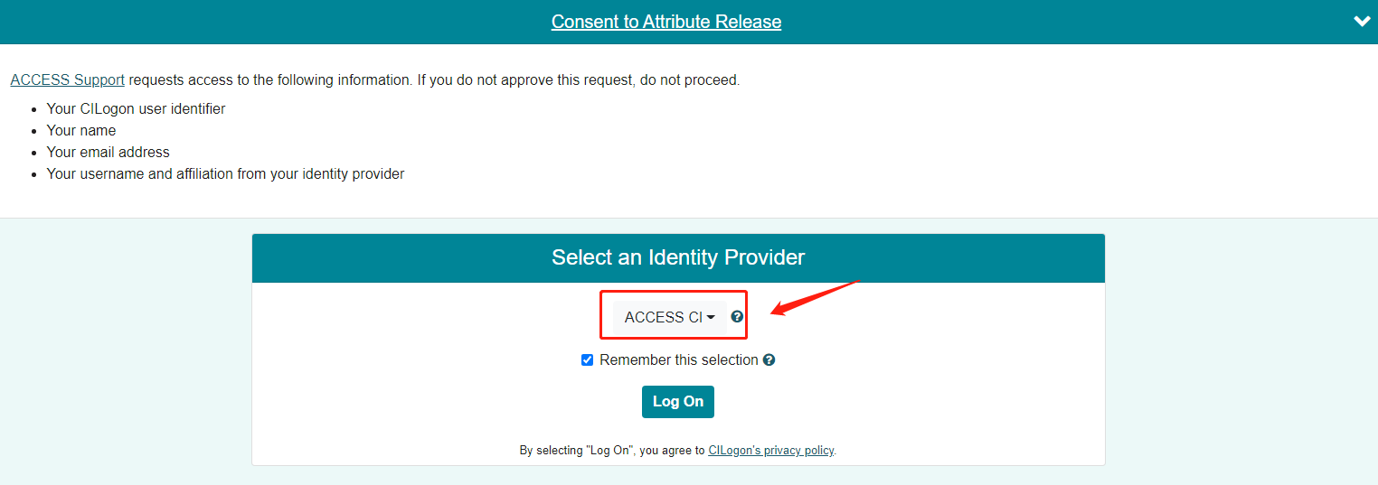 ACCESS Support login identity provider selection