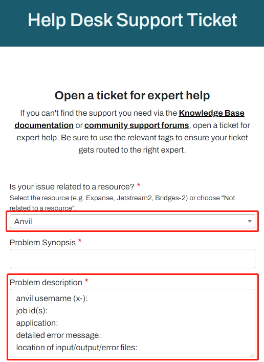 ACCESS Support ticket form