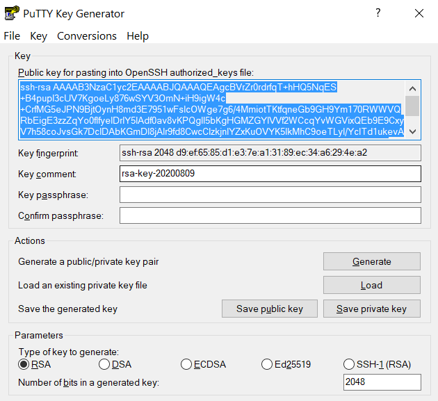 PuTTY Key Generator form with the generated key highlighted