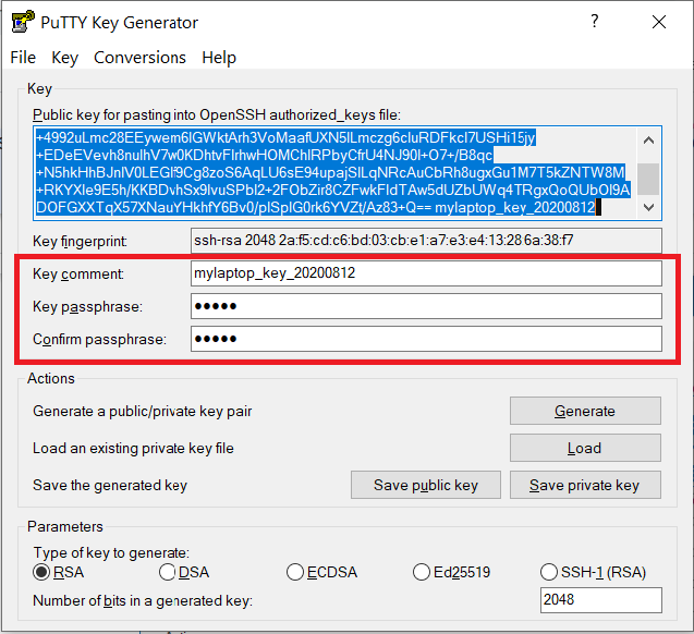 PuTTY Key Generator form with the passphrase and comment fields highlighted