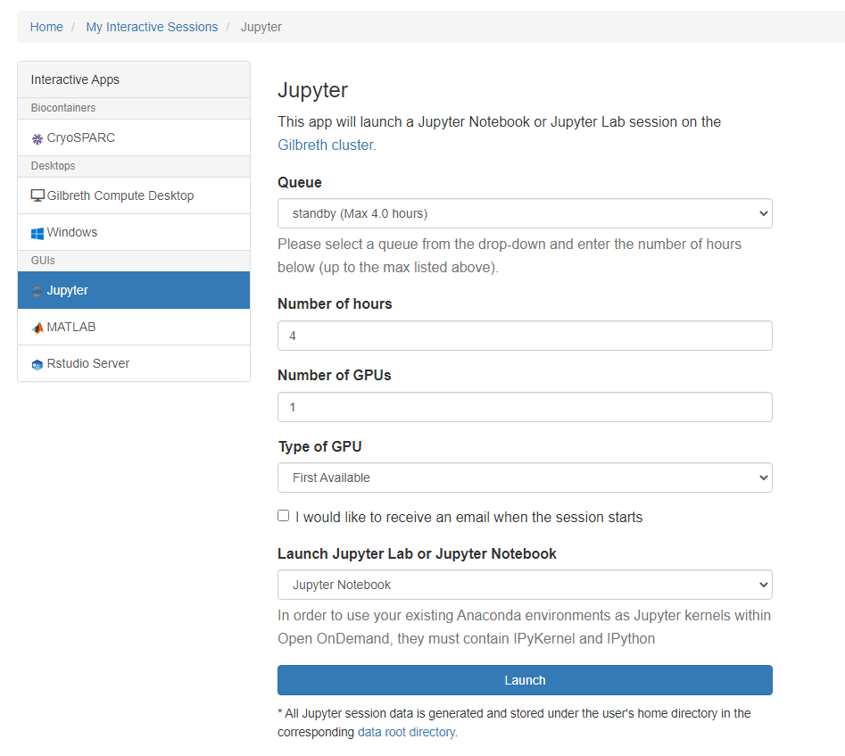 Open OnDemand launch page for Jupyter Notebooks