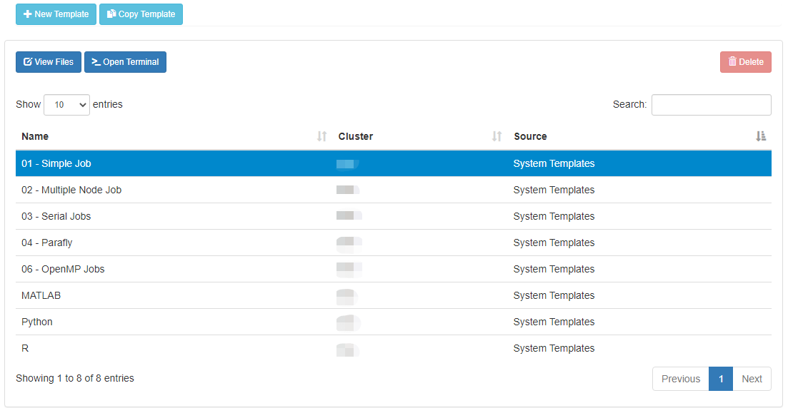 A sortable data table containing a list of all the available templates.