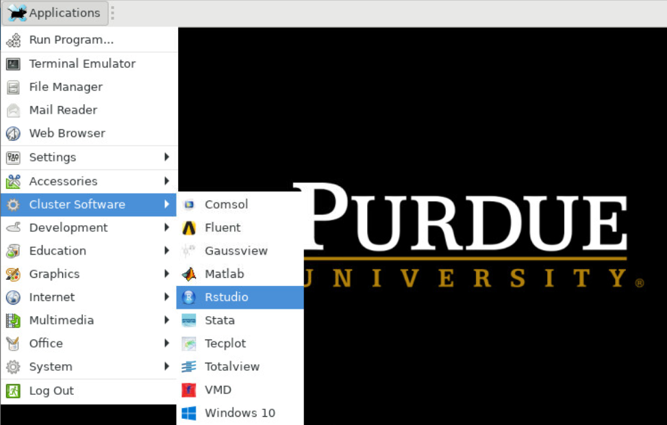 This shows where to find Rstudio under the 'Cluster Software' option in the list of Applications.